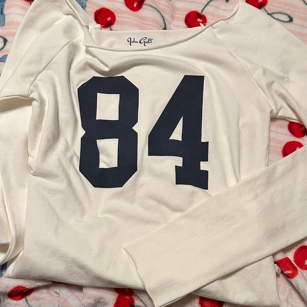 Brandy Melville Cream Off-Shoulder Sweater with Navy Print